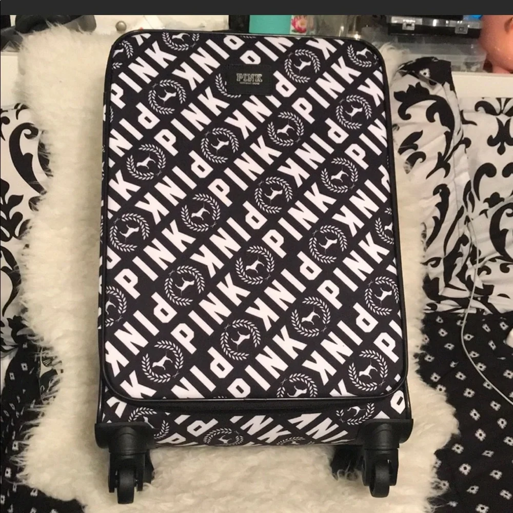 PINK Victoria's Secret Black & White Logo Rolling Carry-On - Picture 3 of 4